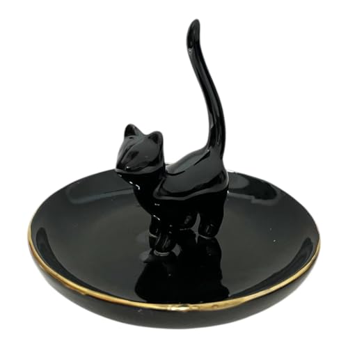 ROSA&ROSE Cat Ring Holder Trinket Tray Ceramic Jewelry Dish Porcelain Ring Organizer–Gift for Women,Girlfriend,Wife,Birthday or Anniversary (Black) - color: Black