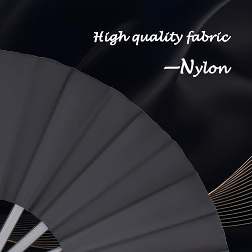 2 Pack Large Folding Hand Fan, Black Chinese Kung Fu Tai Chi Fan Nylon-Cloth Fan For Men And Women Performance, Dance, Decorations, Festival, Gift (Folding fan black 2p) - color: Black