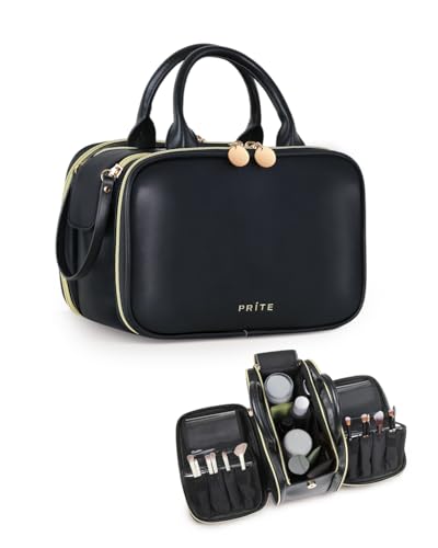 Prite Large Makeup Bag, Waterproof Travel Cosmetic Case with Brush Holder - color: Black, size: Medium