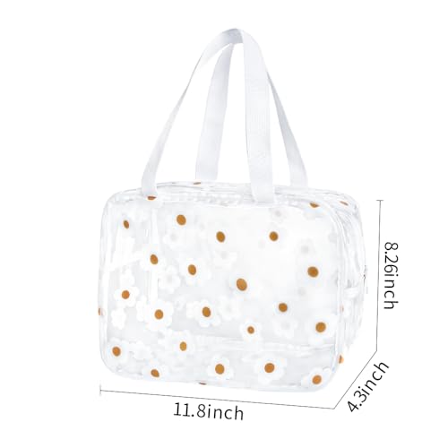 Clear Daisy Printed Cosmetic Bag and LargeTravel Pouch 11.81''x4.33''x8.27'' Size with Handle-Durable PVC Material,Versatile,Zipper Design for Makeup (White Floral#2-L) - color: A230023-5265-02-L