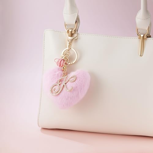 Initial Letter Heart Pom Pom Keychain for Women Pink Soft Fluffy Ball Key Ring for Purse Backpack Handbag - color: K