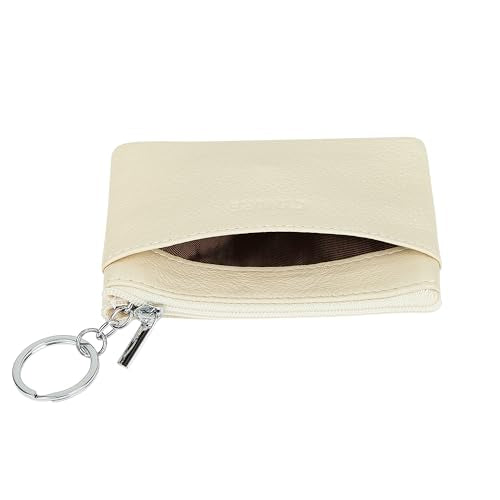 Women Genuine Leather Coin Purse Keychain Change Purse - color: Beige