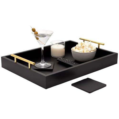 Juvale Wooden Serving Tray - 15.7 x 11.8 x 3.1 in, Black Rustic, Includes 2 Coasters - Decorative Tray with Interchangeable Gold & Silver Handles - Sofa & Ottoman Use, Coffee Table Decor - color: Black