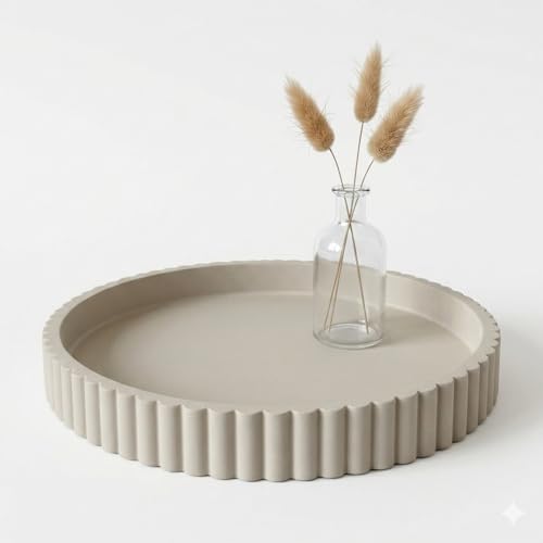 Round Solid Concrete Tray, Fluted Centerpiece for Coffee Table Decor 11" - color: Grey Color