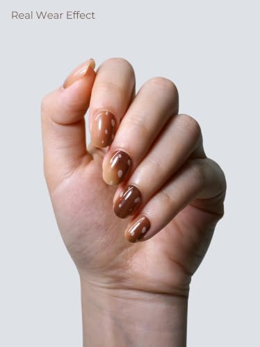 Real Gel Nail Strips (No UV Light Needed) - 44Pcs Salon Quality Nail Stickers - Long Lasting Polish Wraps for Women, Easy Apply & Remove (Mushroom Brown Splatter) - color: Mushroom Brown Splatter