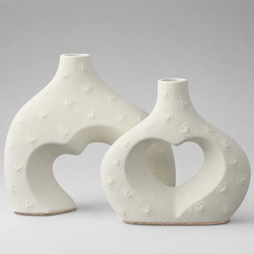 White Ceramic Flower Vases Table Decor Heart Shaped Vase Set of 2 - color: Large Cream White