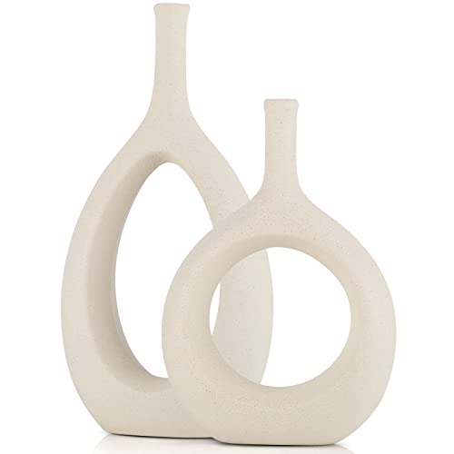 Off White Ceramic Hollow Elliptical Vase Set of 2 - Boho Circle Vase with Hole, for Modern Off White Table Decor, Living Room Decor Shelf mid Century Modern Home Entrance Decorative vase - color: Vintage White