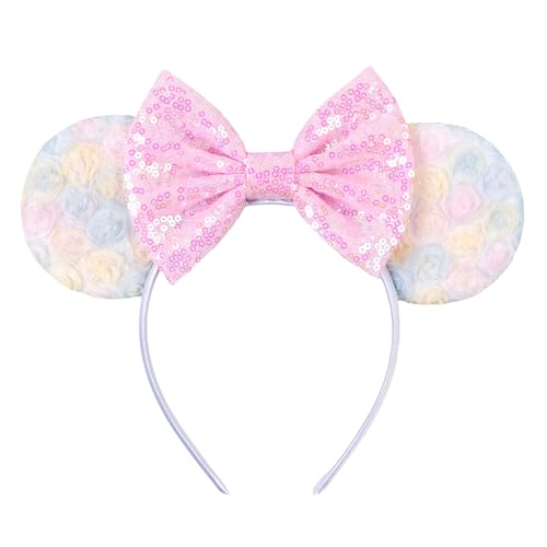 zhezesmila Pastel Floral Mouse Ears Headband – 3D Rosette & Pink Sequin Bow Costume Accessory for Women & Girls – Spring Princess Theme Park Outfit for Travel Birthday Party