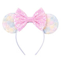 zhezesmila Pastel Floral Mouse Ears Headband – 3D Rosette & Pink Sequin Bow Costume Accessory for Women & Girls – Spring Princess Theme Park Outfit for Travel Birthday Party