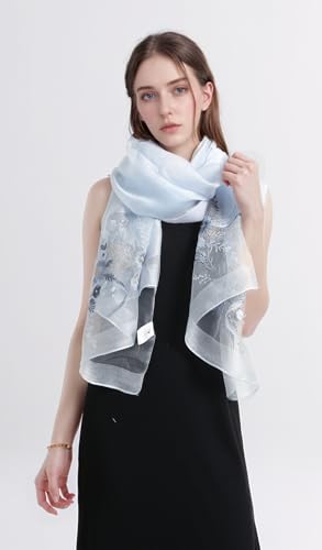 Jeelow Long Silk Blend Embroidered Floral Shawl Scarf Wrap for Women - color: Sky Blue Flowers