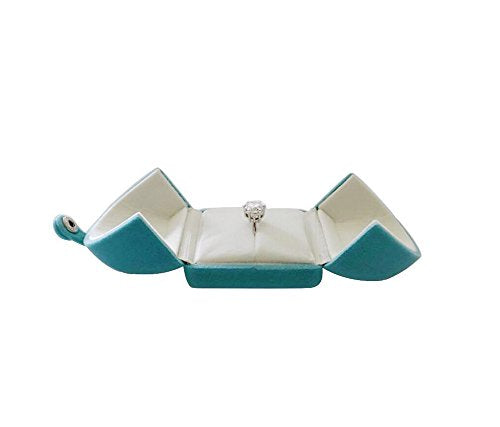 Aqua Teal Velvet Ring Box, Unique Domed Tri-Fold Opening, Proposal Engagement Wedding Ring Presentation Case, Velvet Button Closure, Cream Interior, Premium Gift Box for Diamond Ring - color: Ring Case