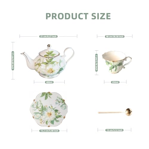 Vintage Floral Porcelain Bone China Tea Set - 1 Teapot, 2 Cups & Saucers with Gold Trim, Includes 2 Spoon, 22oz Floral Ceramic Teapot (Suitable for 1 to 3 people) (White Camellia) - color: White Camellia