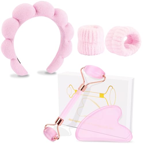 CUBACO Spa Headband and Wristband Set for Women with Ice Jade Roller and Gua Sha, Skin Care Set Tools Puffy Makeup Headband Teen Girl Gifts Trendy Stuff Hair Accessories for Women - color: Pink