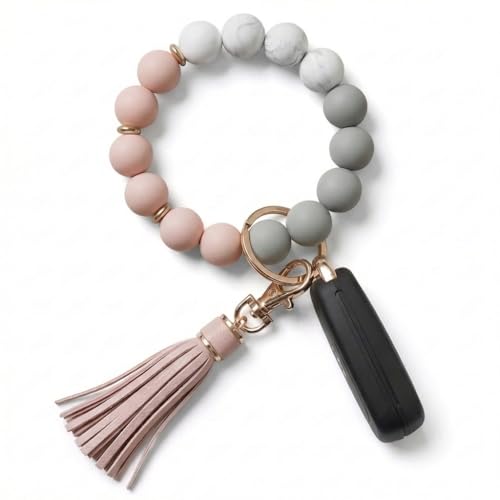 BIHRTC Key Ring Bracelet Car Keychain Holder Wristlet Silicone Women Beaded Bangle Chains - color: Grey Pink