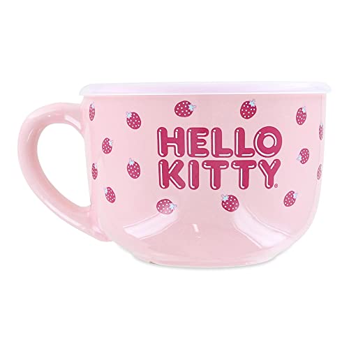 Silver Buffalo Hello Kitty Strawberries 25oz Ceramic Soup Mug with Vented Lid - color: Pink
