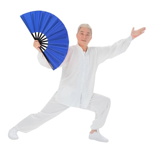 2 Pack Large Folding Hand Fan for Men/Women, Rave Fan Chinese Kung Fu Tai Chi Hand Fan Black Vintage Foldable Hand Fans for Dancing, Festival, Gift, Home Decorations(Blue) - color: Blue