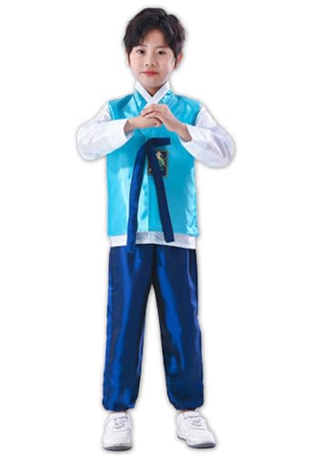 Boys Traditional Korean Dolbok Shirt Top Vest Costume Asian Pants Suit Set Outfit - color: Aqua Blue, size: 7-8 Years