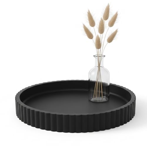 Round Solid Concrete Tray, Fluted Centerpiece for Coffee Table Decor 13" - color: Black
