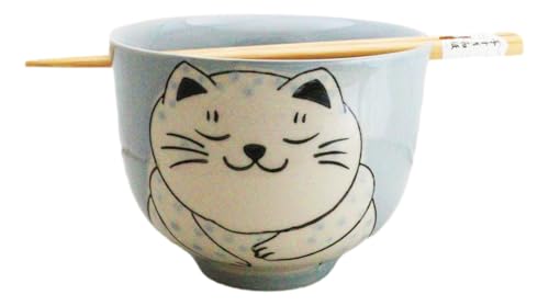 Ebros Gift Artistic Donburi Ramen Udon Noodles Soup Salad 5" D 18Oz Bowl With Bamboo Chopsticks And Built In Rest Set Asian Dining Kitchen Accent (Blue Chubby Kitty Cat) - color: Blue Chubby Kitty Cat