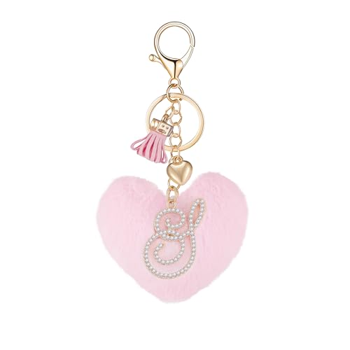 Initial Letter Heart Pom Pom Keychain for Women Pink Soft Fluffy Ball Key Ring for Purse Backpack Handbag - color: J