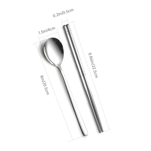 4 Set Korean Chopsticks and Spoons, Stainless Steel Metal Set, Reusable Flat Long Handle Set for Home, Kitchen or Restaurant - color: 4 chopsticks and 4 spoons set
