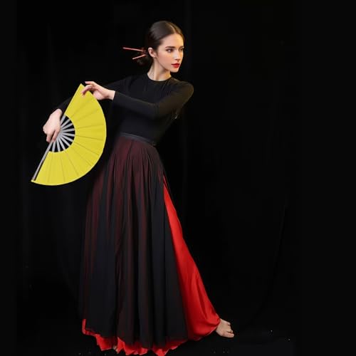2 Pack Large Folding Hand Fan, yellow Chinese Kung Fu Tai Chi Fan Nylon-Cloth Fans for Men and Women Performance, Dance, Decorations, Festival, Gift (Folding Fan yellow 2p) - color: Folding fan yellow 2p