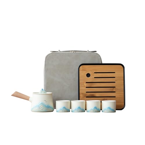Portable Chinese Tea Set with Carry Bag - White Complete Gongfu Teapot Set Includes Side Handle, 4 White Cups,Tea Tray & Strainer, Artistic Travel Teapot Kit for Camping, Office, Home & Gifts - color: White Side-Handle Teapot Set