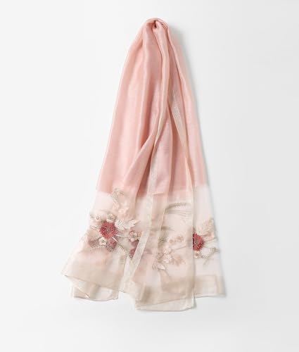 Jeelow Long Silk Blend Embroidered Floral Shawl Scarf Wrap for Women - color: Pink Embroidery