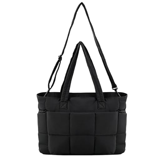 Puffer Tote Bag for Women, Quilted Multi-Pocket Lightweight Shoulder Bag for Work, Travel, Gym - color: Black