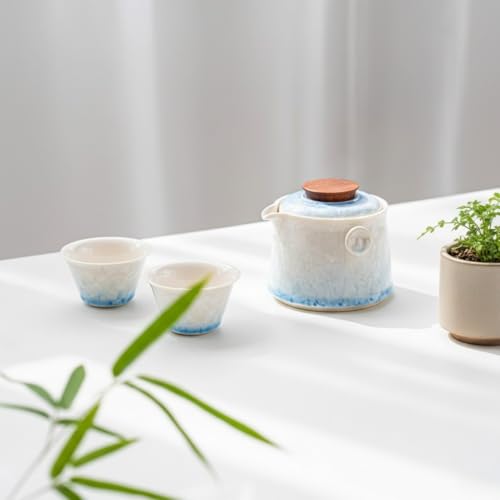 Hermit Life Chinese Travel Tea Set, Portable Ceramic Teapot for One to Two, Gongfu Tea Set with Crystal Glaze, 1 Pot 2 Cups, Gift for Tea Lovers (Icy Blue) - color: Icy Blue