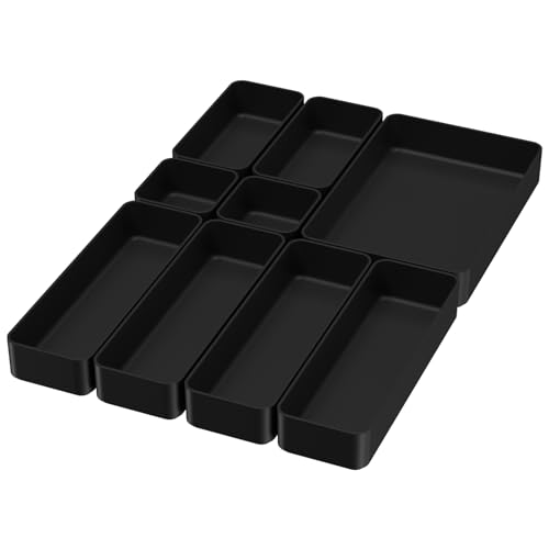 Black Bathroom Drawer Organizer Trays: 9 PC Stackable Desk Organizers Bin - color: Black