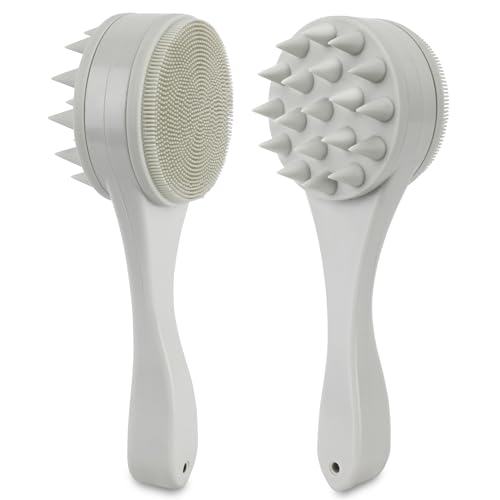 2 Pack Silicone Facial Cleasing Brush and Hair Scalp Massager Shampoo Brush 2 in 1 Double Sided Face Scrubber Scalp Scrubber Manual Exfoliating Light Gray