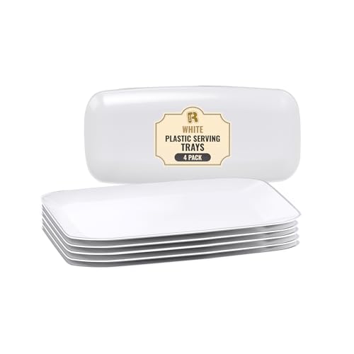 R-kay 4 Pack Plastic Serving Trays for Party - White Serving Tray 10 by 5.5 in - Heavy Duty Dessert Trays for Food - Rectangular Party Serving Trays - Premium Party Trays - White Platters - color: White, size: 10 Inch