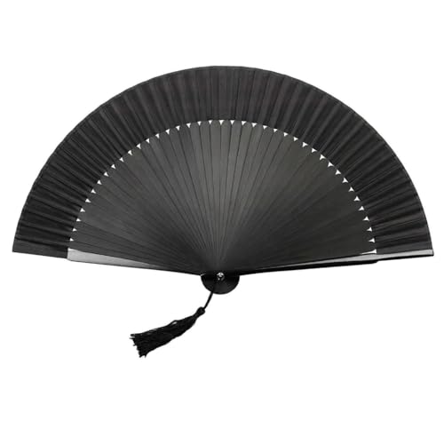 Japanese Vintage Bamboo Folding Handheld Fan for Women | Elegant Silk Hand Fan with Fabric Sleeve & Tassel | Portable Cooling Tool for Wedding, Church, Dance, Gift (Solid Black) - color: Solid Black