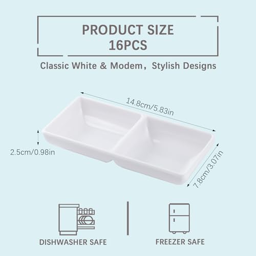16 Pcs Sauce Dish, Dual Dipping Bowls Large Capacity Dual Sauce Bowls, Soy Two Compartments Party Trays Divided Fondue Plates for Restaurant Kitchen Sushi Soy Sauce (White)