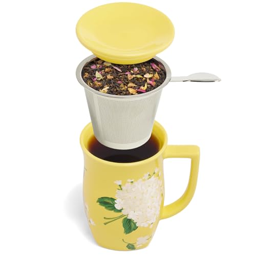Tea Forte Ceramic Fiore Tea Cup with Infuser, Hydrangea, 14 oz - color: Hydrangea