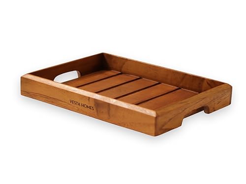Vesta Homes Medium Teak Wood Serving Tray for Home, Kitchen, Breakfast, Restaurant, Office Organizer, Dining Table | Premium Wooden Tray |12 * 8.5 * 1.5 Inches | Handmade in India - size: Rivika Tray Medium