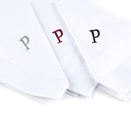 Initial Handkerchief for Men, Monogrammed Boxed 3 Piece Set,100% Cotton - color: P Initial