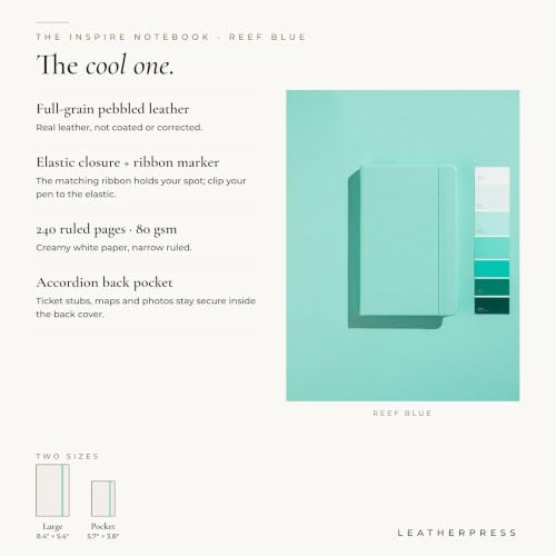 Leather Notebook, Writing Journal, Reef Blue - color: Reef Blue, size: Large