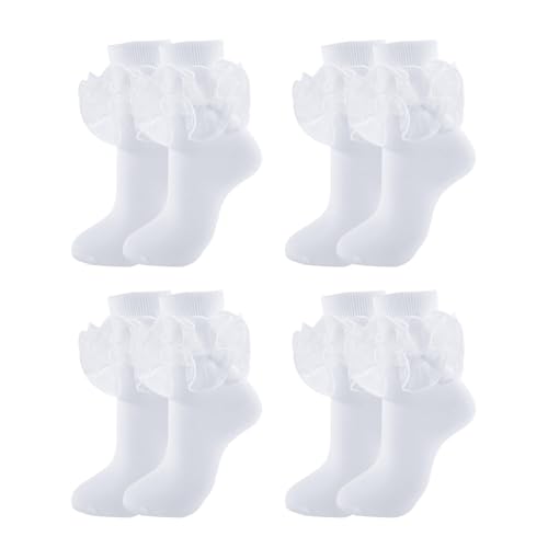 Big Ruffle Socks Women(Size 5-11) Turn Cuff Cotton Lace Frilly Socks - color: White - 4 Pairs, size: 5-9