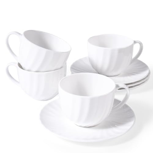 Fine Bone China Cappuccino Cups with Saucers Set of 4, 7 oz - color: 4Pcs Spiral Set, size: 4 Count (Pack of 1)