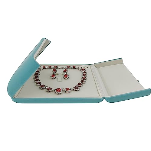 Premium Grade Aqua Velvet Jewelry Case Necklace Earrings Holder Presentation Box Anniversary Christmas Special Occasion Pearl Necklace Case - color: Large Necklace Earrings Set