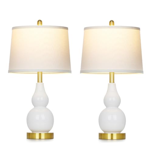 Rinweey 25" White Double Gourd Ceramic Lamps Set of 2, Modern Bedside Lamps - color: White - 25"H