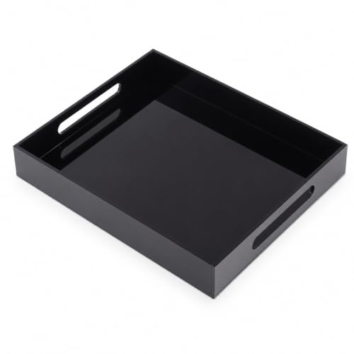Black Tray 14x11” with Cut Handles - Large Plastic Tray for Ottoman Coffee Table, Kitchen, Office & Serving Guests - Modern Countertop Organizer & Ideal Decorative Tray - color: Black, size: 14" x 11" x 2"