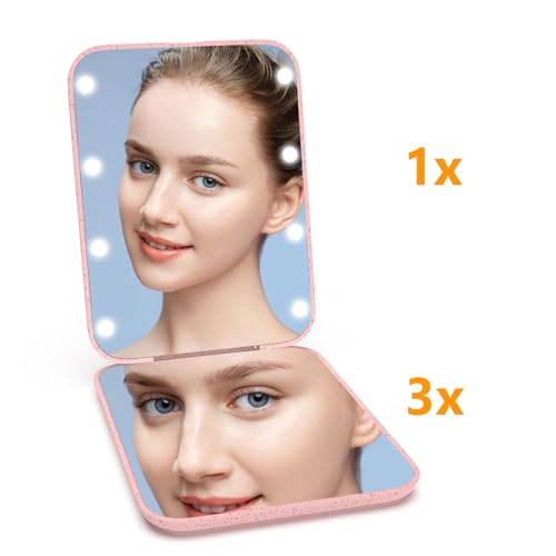 Kintion Pocket Mirror, 1X/3X Wheat Straw Material Compact Mirror(Pink) - color: Wheat Straw Pink
