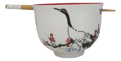 Ebros Gift Artistic Donburi Ramen Udon Noodles Soup Salad 5" D 18Oz Bowl With Bamboo Chopsticks And Built In Rest Set Asian Dining Kitchen Accent (White Japanese Crane On Cherry Blossoms) - color: White Japanese Crane On Cherry Blossoms