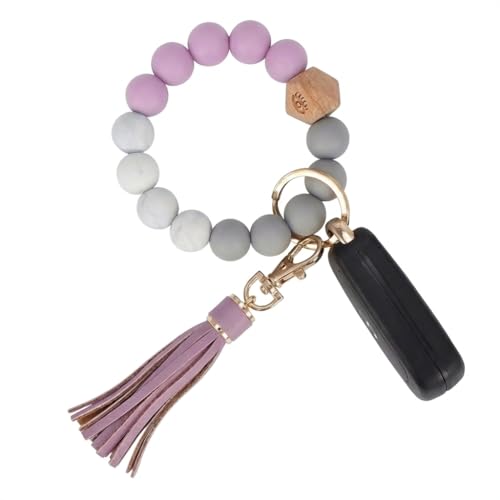 BIHRTC Key Ring Bracelet Car Keychain Holder Wristlet Silicone Women Beaded Bangle Chains - color: Eye Lavender Purple