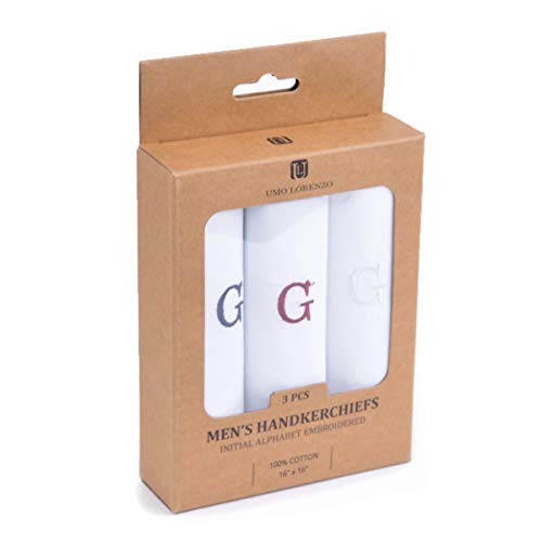 Initial Handkerchief for Men, Monogrammed Boxed 3 Piece Set,100% Cotton - color: G Initial