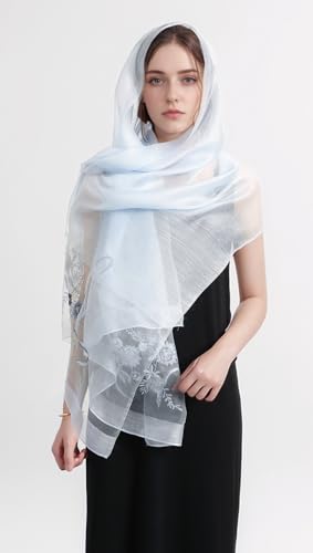 Jeelow Long Silk Blend Embroidered Floral Shawl Scarf Wrap for Women - color: Sky Blue Flowers