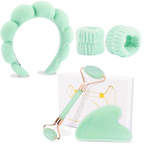 CUBACO Spa Headband and Wristband Set for Women with Ice Jade Roller and Gua Sha, Skin Care Set Tools Puffy Makeup Headband Teen Girl Gifts Trendy Stuff Hair Accessories for Women - color: Green
